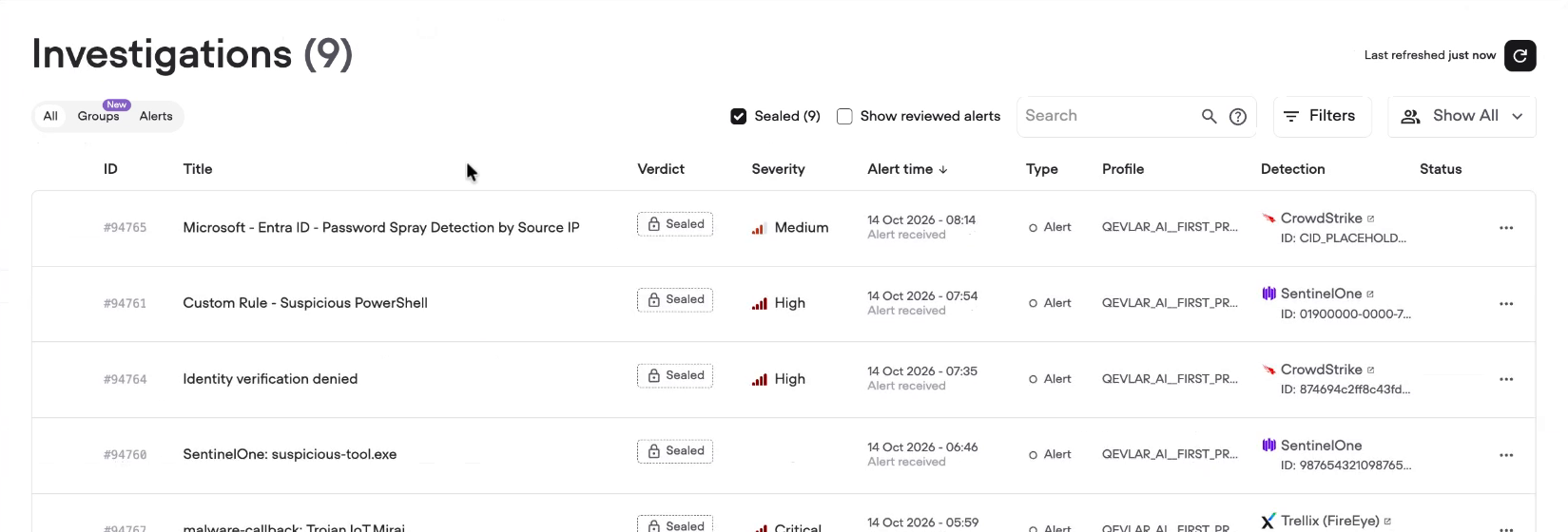 The Investigations list filtered on Sealed, with Sealed in the Verdict column